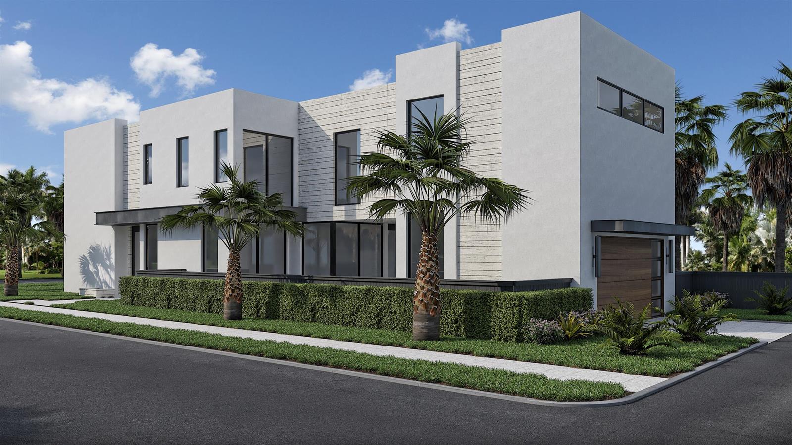 A modern two-story house with a white stucco facade and horizontal recessed lines at dusk — 725 SE 4th Avenue, Delray Beach FL 33483, DELRAY BEACH, FL
