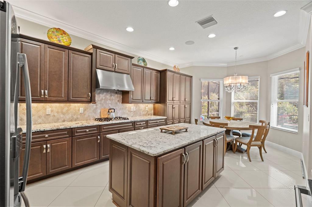A kitchen with dark wood cabinets, granite countertops, a center island, and a dining area — 30581 IVY FORGE COURT, WESLEY CHAPEL, FL