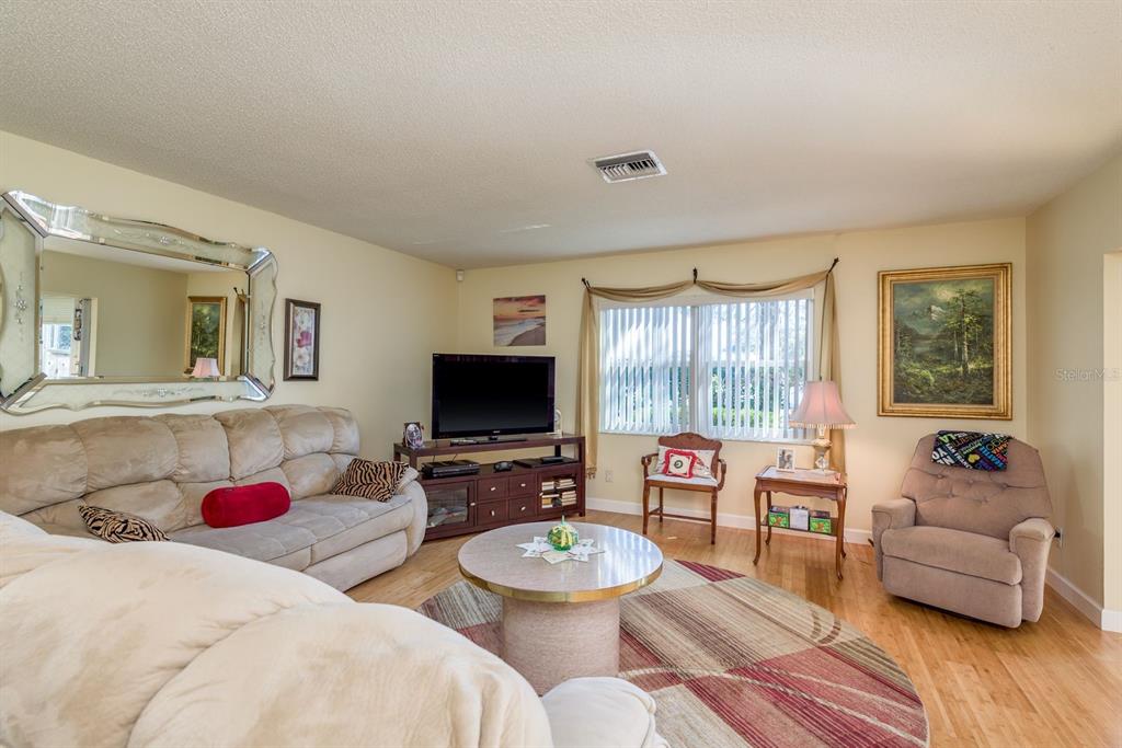A living room features a beige sofa, a circular rug, a television, and a recliner — 3413 ROCHELLE COURT, CLEARWATER, FL