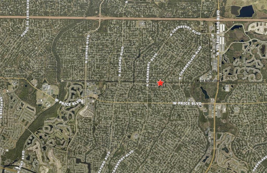 This is an aerial map showing residential streets and major boulevards in North Port, Florida — LOT 19 & LOT 20 TUSKET AVENUE, NORTH PORT, FL