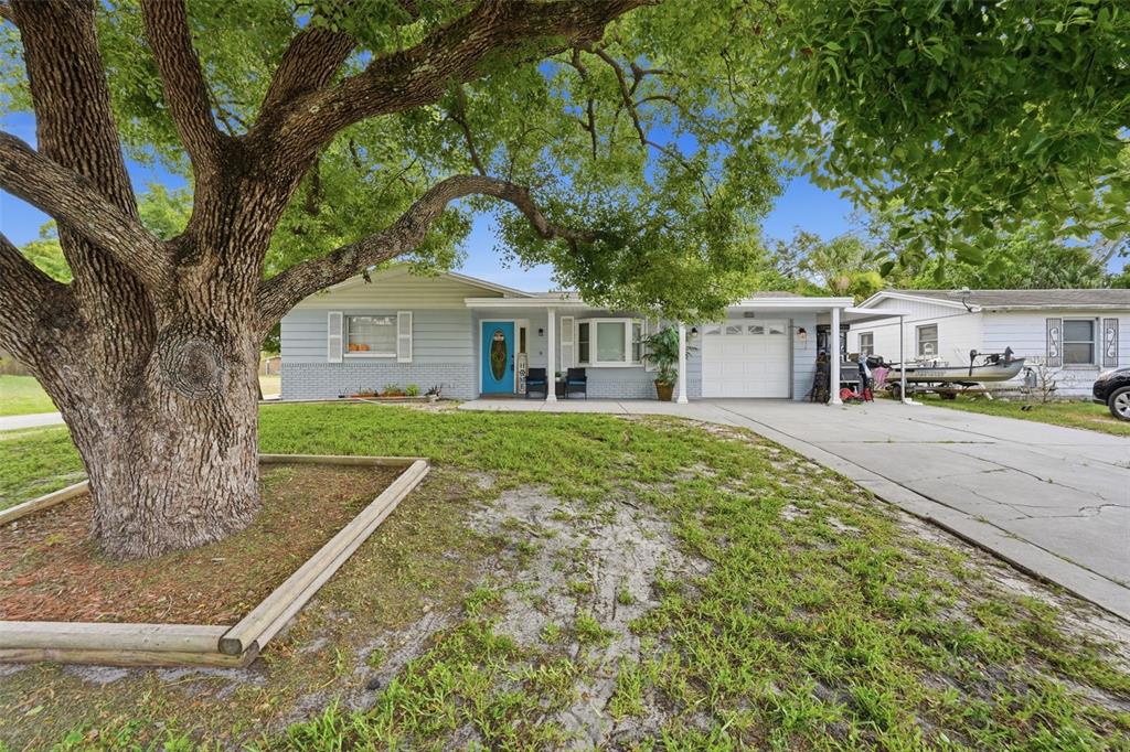 A single-story light blue house with a large tree in the front yard — 4344 OAK BLUFF AVENUE, HOLIDAY, FL