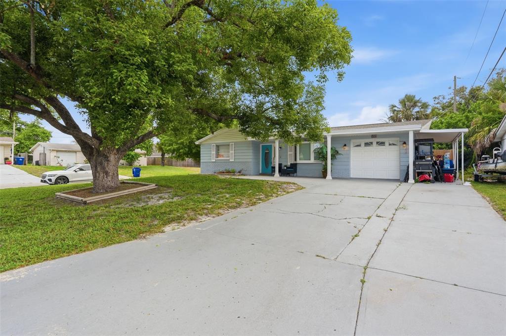 A light blue single-story house features a large tree, a driveway, and a carport — 4344 OAK BLUFF AVENUE, HOLIDAY, FL