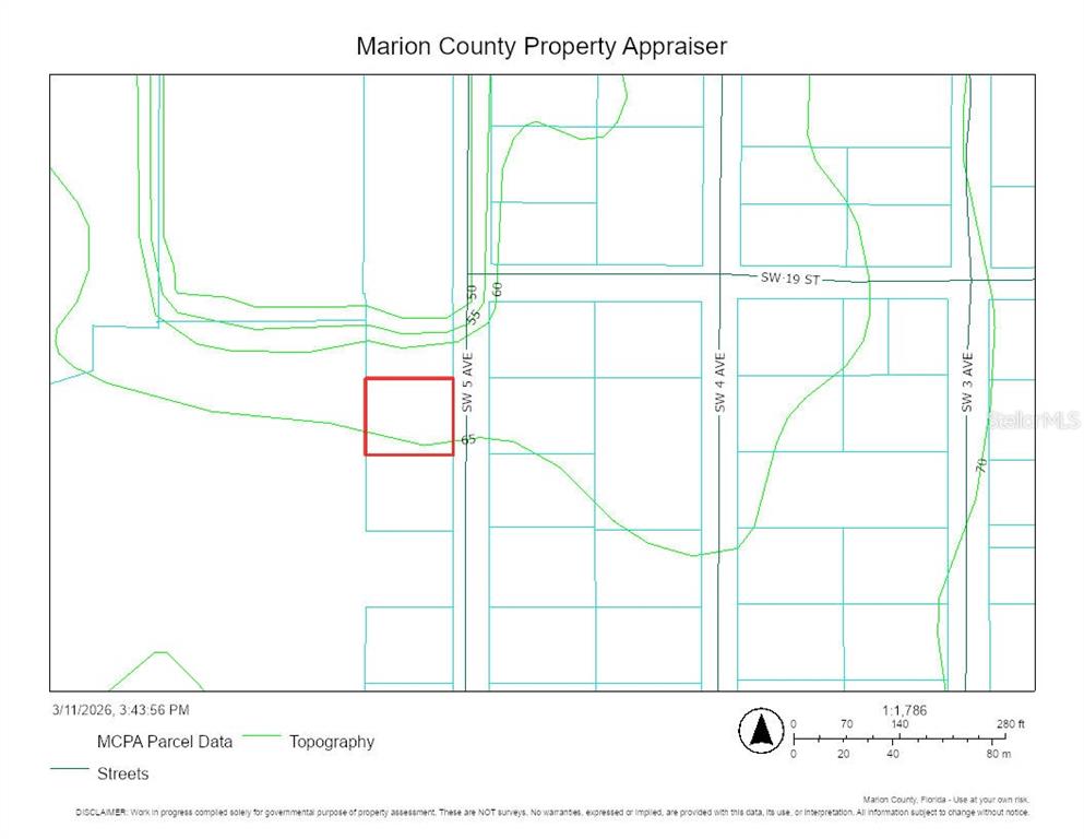 This is a property map showing parcel boundaries, street names, and topographic contour lines — 1910 SW 5TH AVENUE, OCALA, FL