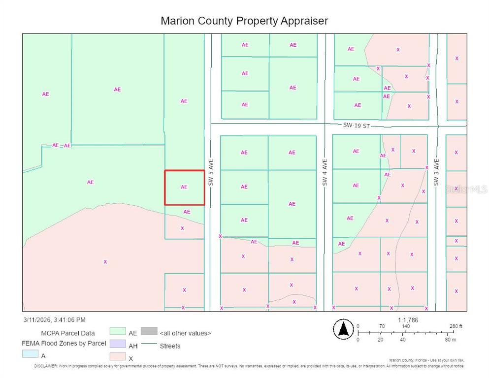This is a FEMA flood zone map of a residential area in Marion County, Florida — 1910 SW 5TH AVENUE, OCALA, FL