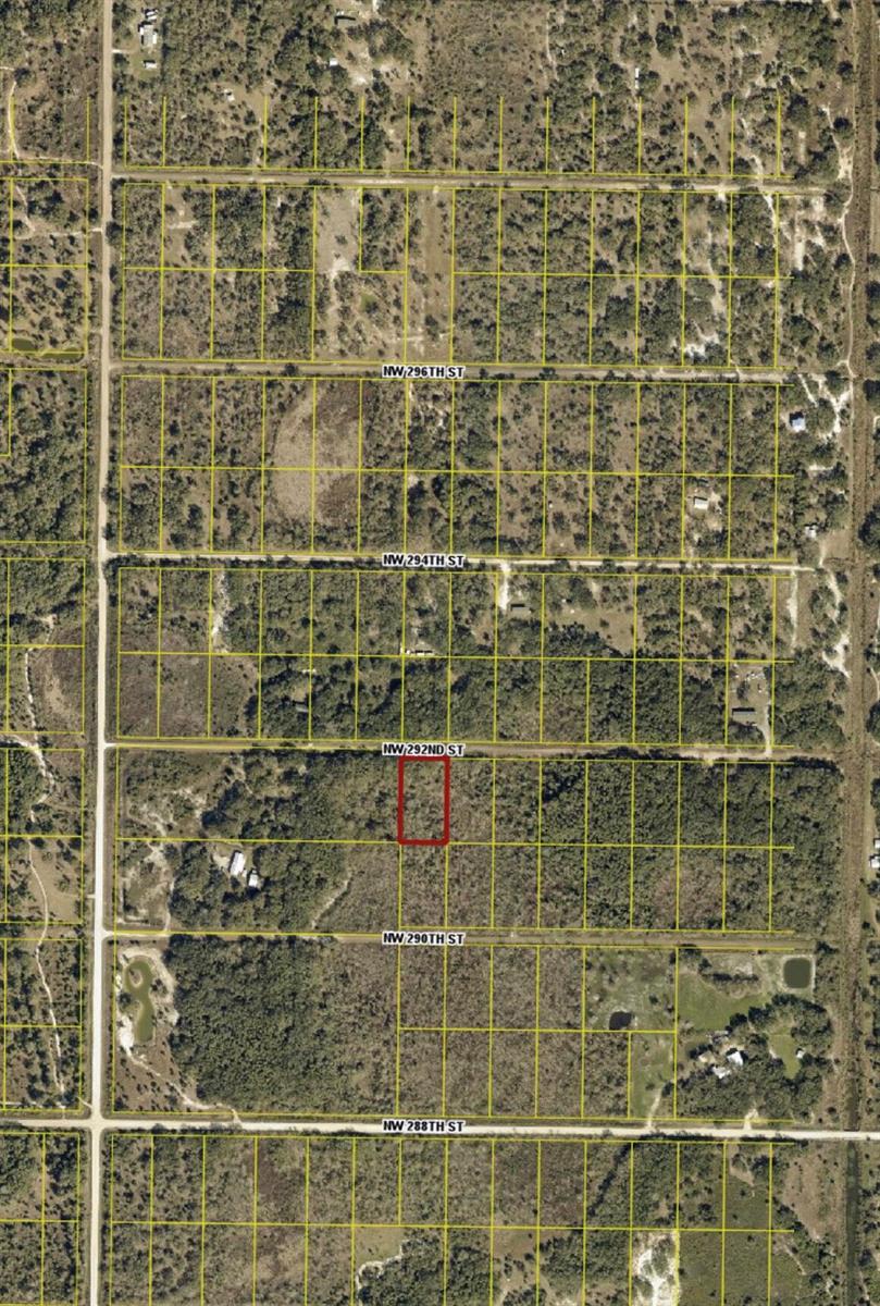An aerial map shows a rectangular property highlighted in red within a grid of lots — 20478 NW 292nd Street, Okeechobee FL 34972, OKEECHOBEE, FL
