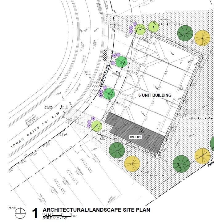 This architectural site plan shows a 6-unit building, property lines, and landscaping near Jonah Drive — JONAH DRIVE, NORTH PORT, FL