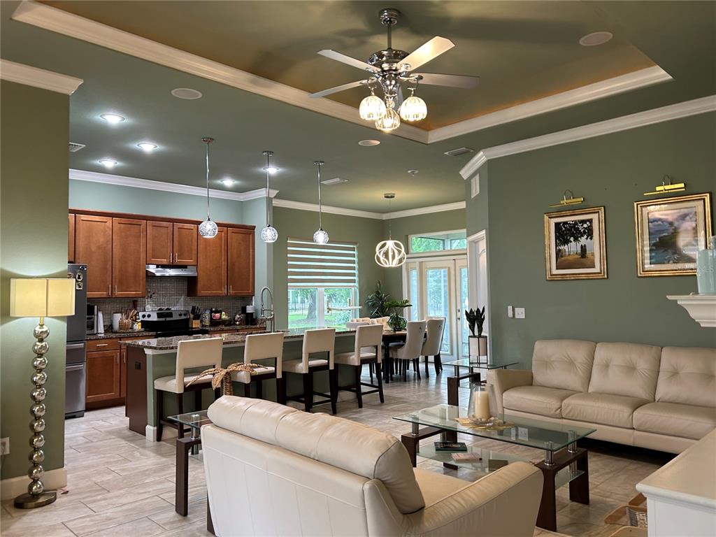 An open-concept kitchen and living area features sage green walls, wood cabinets, and tile flooring — 11788 SW 30TH AVENUE, GAINESVILLE, FL