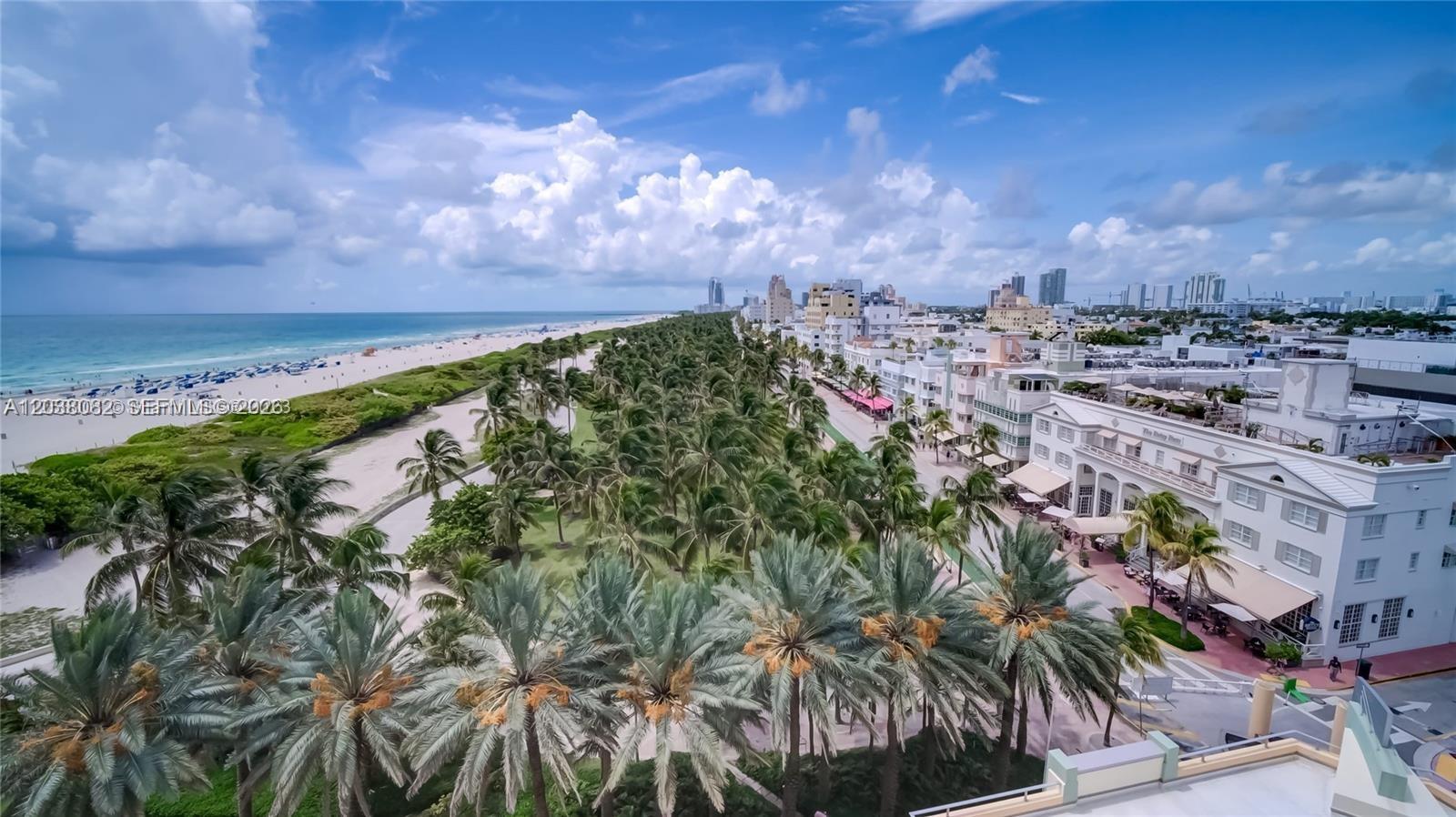 An elevated view shows a beach, palm trees, and coastal buildings under a cloudy sky — 1455 Ocean Dr # 902, Miami Beach FL 33139, MIAMI BEACH, FL