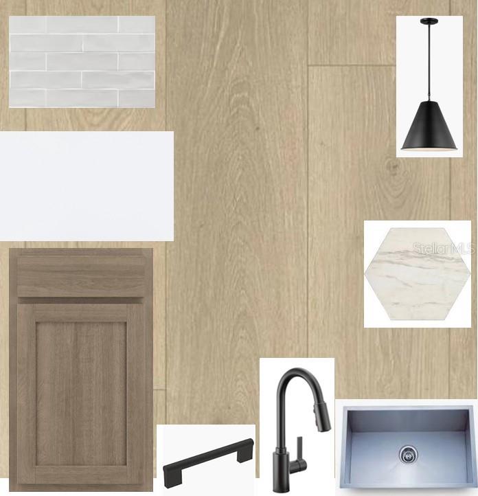 This digital design board displays material samples for a kitchen, including cabinetry, flooring, and fixtures — 5133 CREEK SAND DRIVE, APOLLO BEACH, FL
