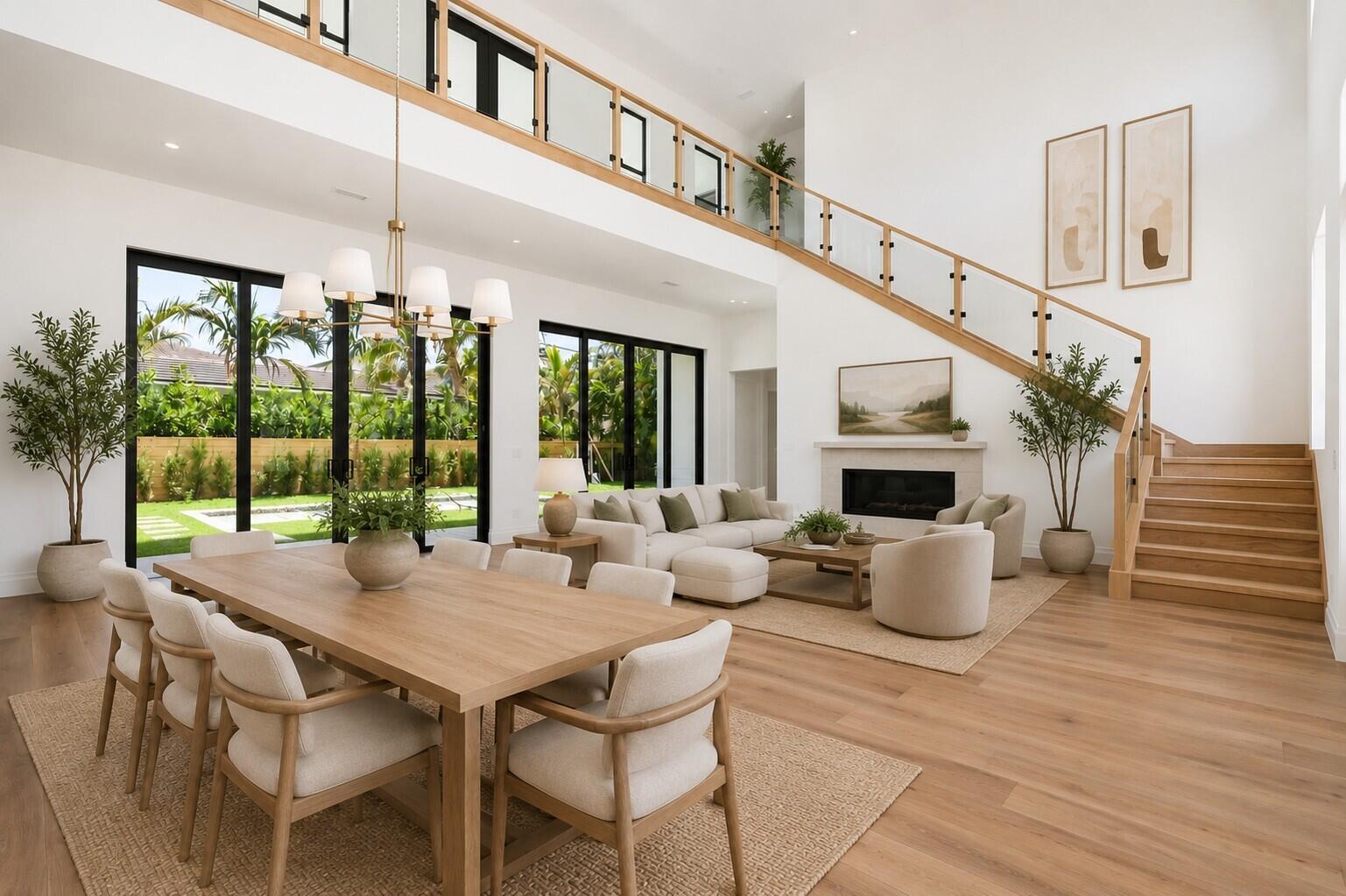 A bright, open-concept living and dining area features light wood floors, a staircase, and patio doors — 261 Rutland Boulevard, West Palm Beach FL 33405, WEST PALM BEACH, FL