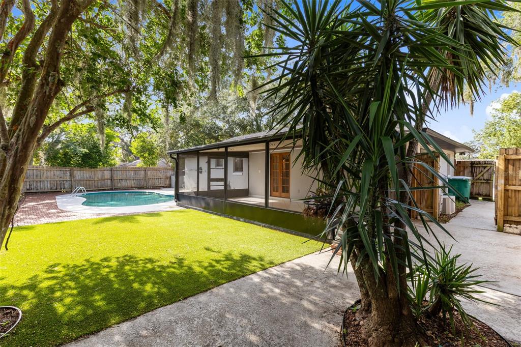 A backyard features a swimming pool, a screened-in porch, artificial turf, and a large palm tree — 611 PHEASANT AVENUE, LONGWOOD, FL