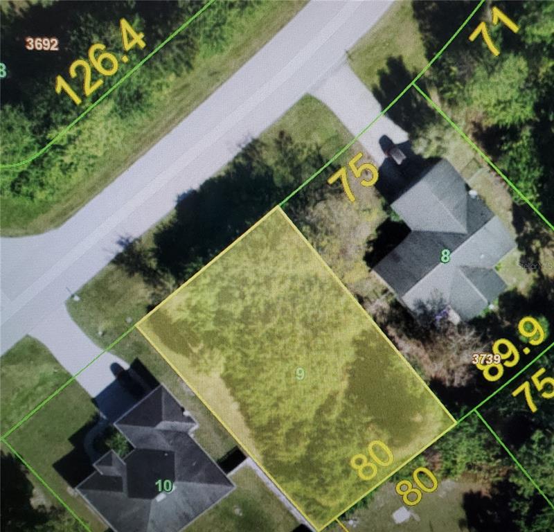 This is an aerial map showing a vacant residential lot labeled number 9 between two houses — 11325 OCEANSPRAY BOULEVARD, ENGLEWOOD, FL