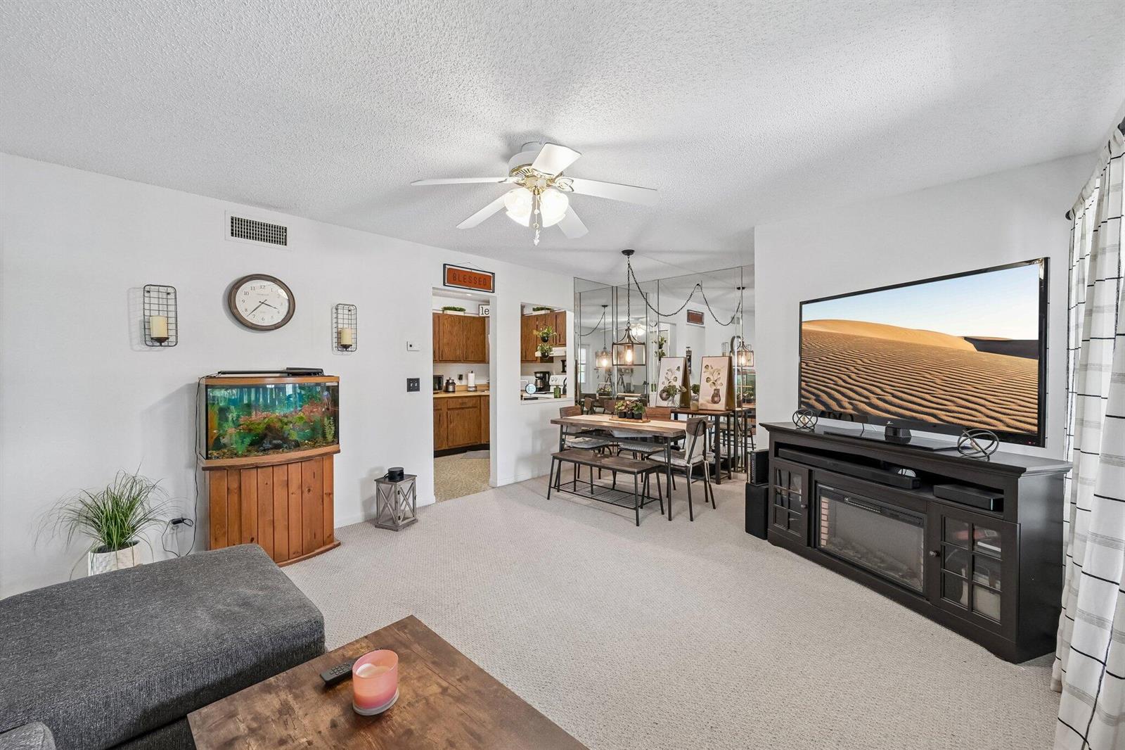A living room features carpeted floors, a large television, a fish tank, and a dining area — 5901 Whispering Pine Way # 2, FL 33463, FL