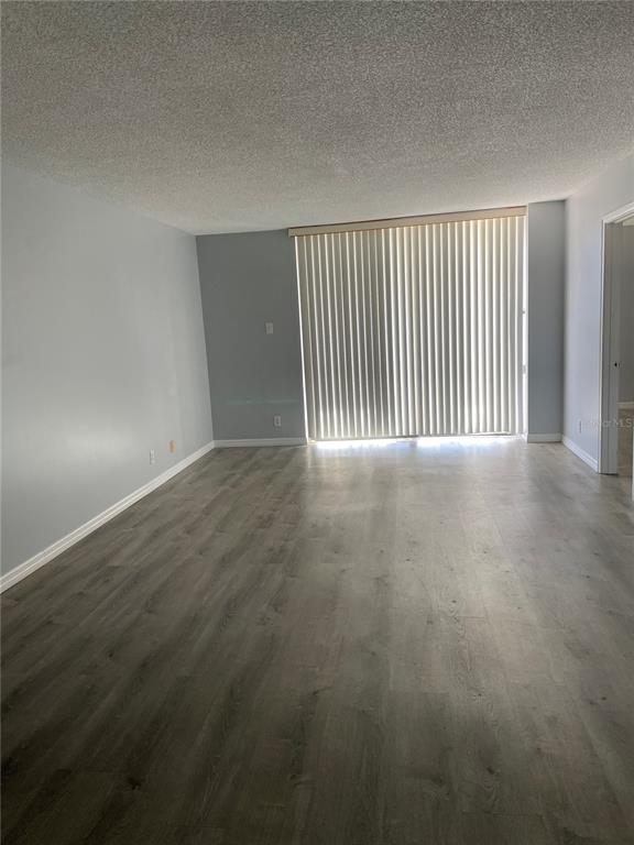 An empty room features light gray walls, wood-look flooring, and vertical blinds covering a sliding door — 6051 SUN BOULEVARD UNIT 305, ST PETERSBURG, FL