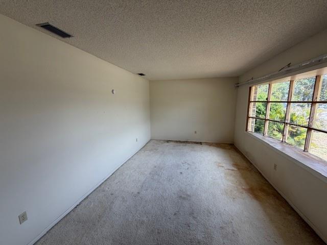 An empty room with beige walls, a popcorn ceiling, and stained wall-to-wall carpeting — 1105 GAUSE AVENUE, BARTOW, FL