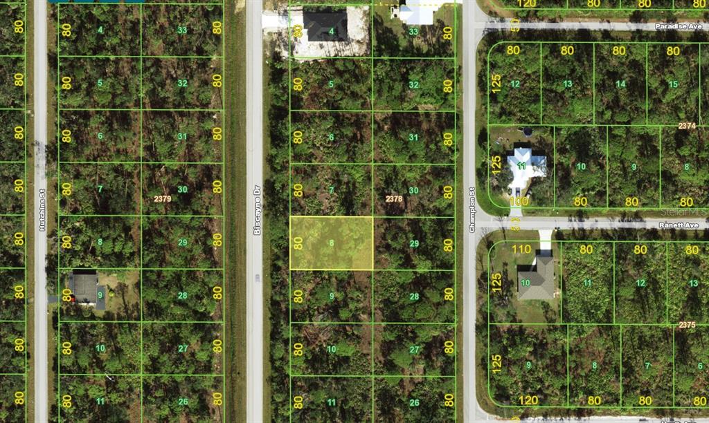 This is a satellite map showing a grid of undeveloped residential land parcels — 436 BISCAYNE DRIVE, PORT CHARLOTTE, FL