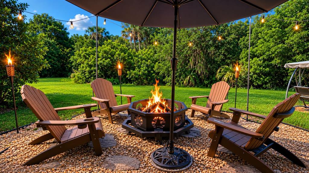 A backyard fire pit area features four Adirondack chairs on gravel under a patio umbrella — 264 SADDLE LANE, RIVER RANCH, FL