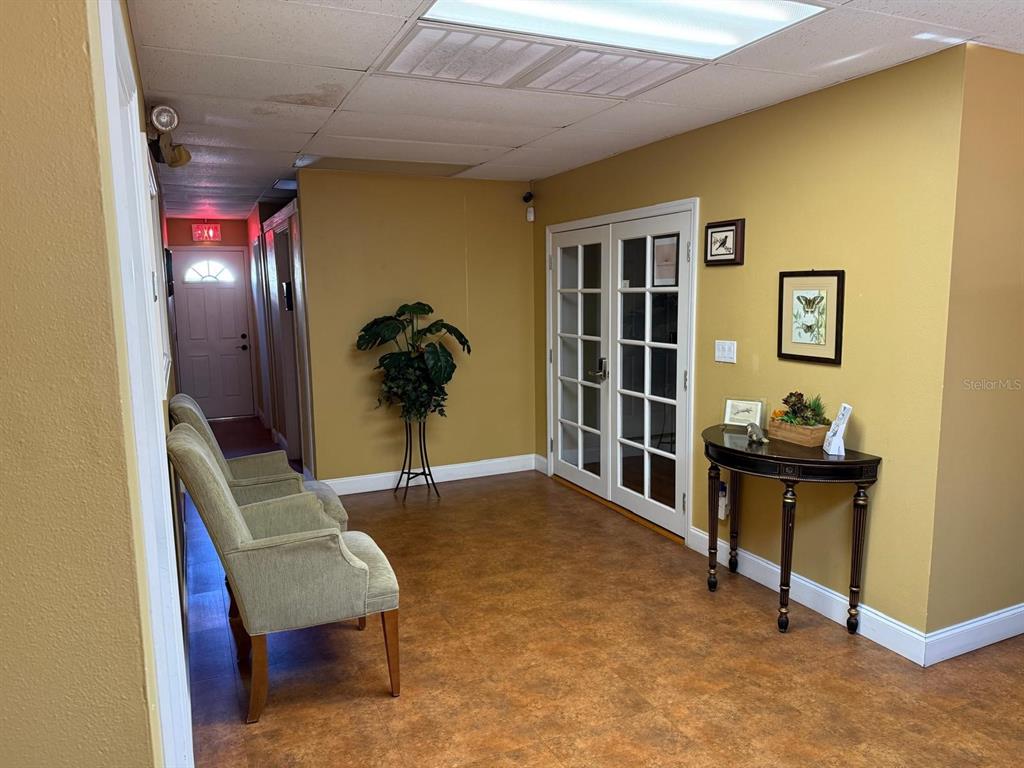 A waiting room features tan walls, two armchairs, a console table, and glass-paned double doors — 13506 N ROME AVENUE, TAMPA, FL