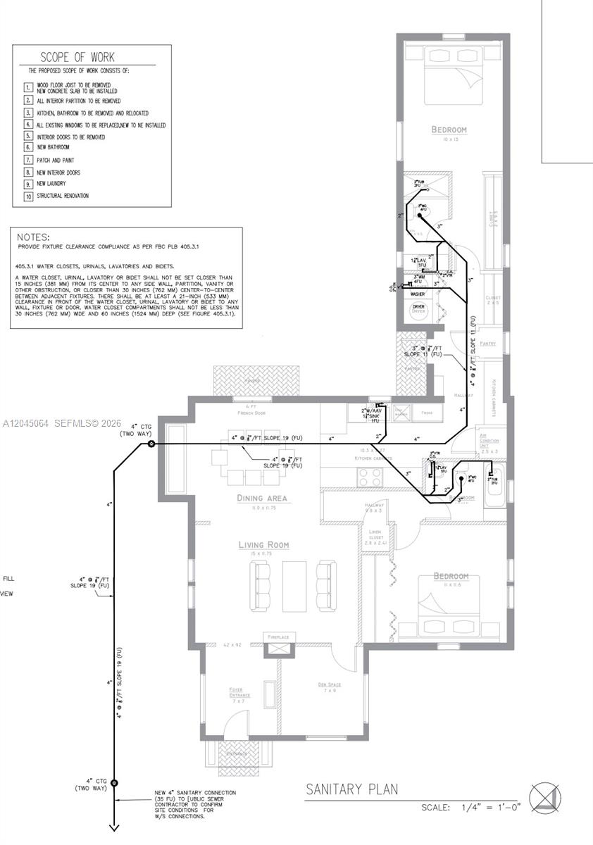 This is a floor plan showing the sanitary plumbing layout for a residential home renovation — 1700 Dewey St, Hollywood FL 33020, HOLLYWOOD, FL