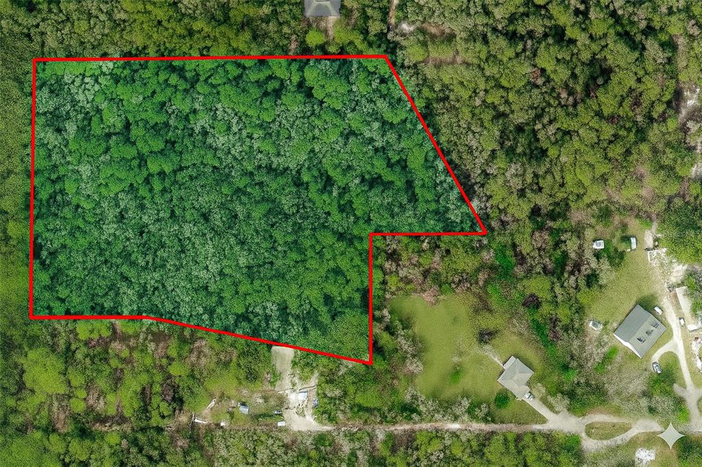 An aerial view shows a wooded lot outlined in red next to a residential property — AYLESBORO COURT, BROOKSVILLE, FL