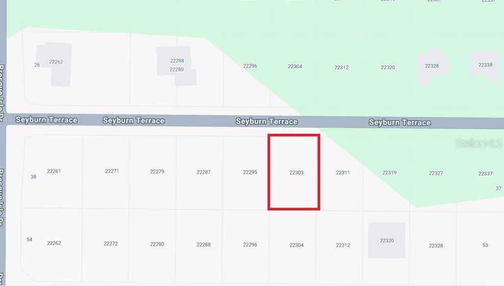 This is a map showing a residential lot highlighted in red on Seyburn Terrace — 22303 SEYBURN TERRACE, PORT CHARLOTTE, FL