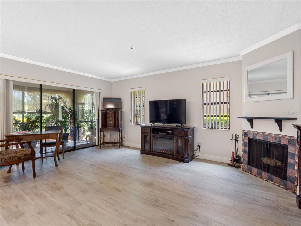 A living room features light wood-look flooring, a fireplace with a tiled surround, and sliding doors — 10182 SEMINOLE ISLAND DR, LARGO, FL