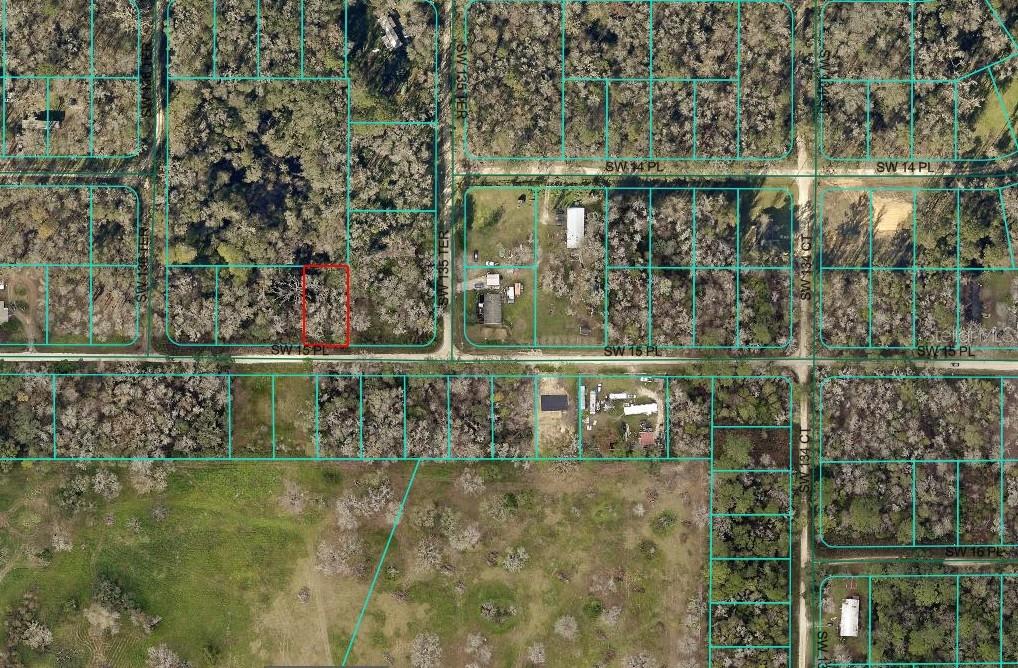 This is an aerial map showing a highlighted vacant lot located along a residential road — SW 15TH STREET, OCALA, FL