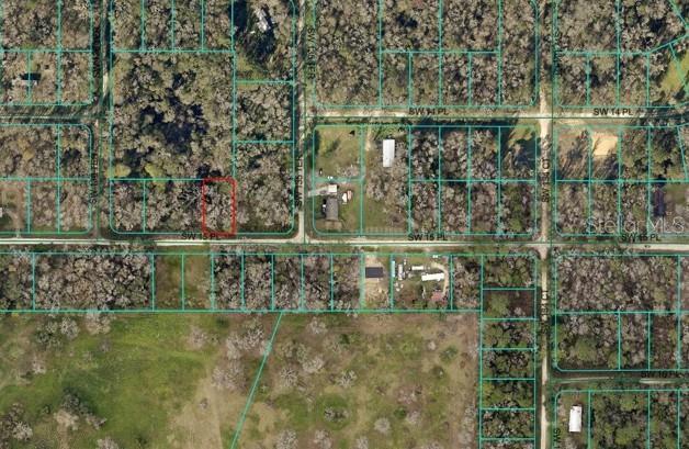 An aerial map shows a rectangular plot of land outlined in red within a wooded area — SW 15TH STREET, OCALA, FL