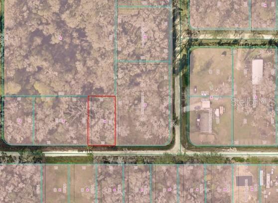 This aerial map shows a vacant, wooded residential lot outlined in red along a road — SW 15TH STREET, OCALA, FL