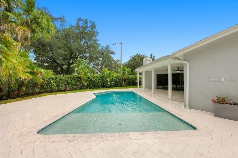A swimming pool with a stone deck sits beside a house with a covered patio — 13904 HAYWARD PLACE, TAMPA, FL