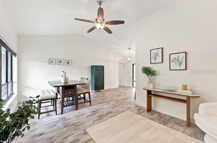 A dining area features a wooden table, chairs, a ceiling fan, and a console table — 13904 HAYWARD PLACE, TAMPA, FL