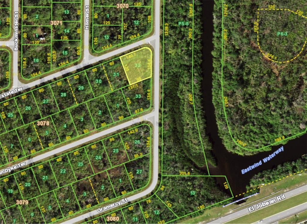 This is an aerial map showing residential lots and a waterway — 15269 ESTATE TERRACE, PORT CHARLOTTE, FL