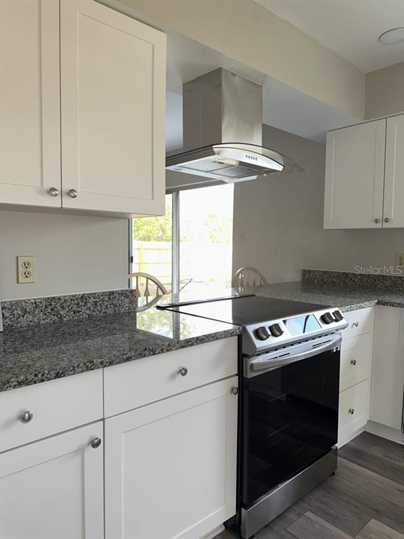 A kitchen features white cabinets, granite countertops, a stainless steel range, and a range hood — 17608 SHADYSIDE CIRCLE, LUTZ, FL