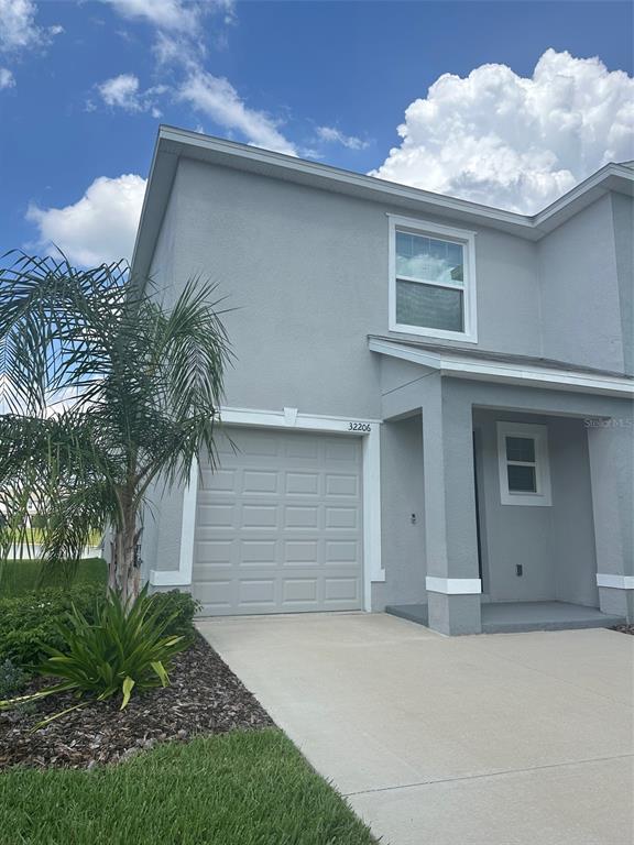 A two-story gray house features a single-car garage, a covered entryway, and a palm tree — 32206 TURTLE GRACE LOOP, WESLEY CHAPEL, FL