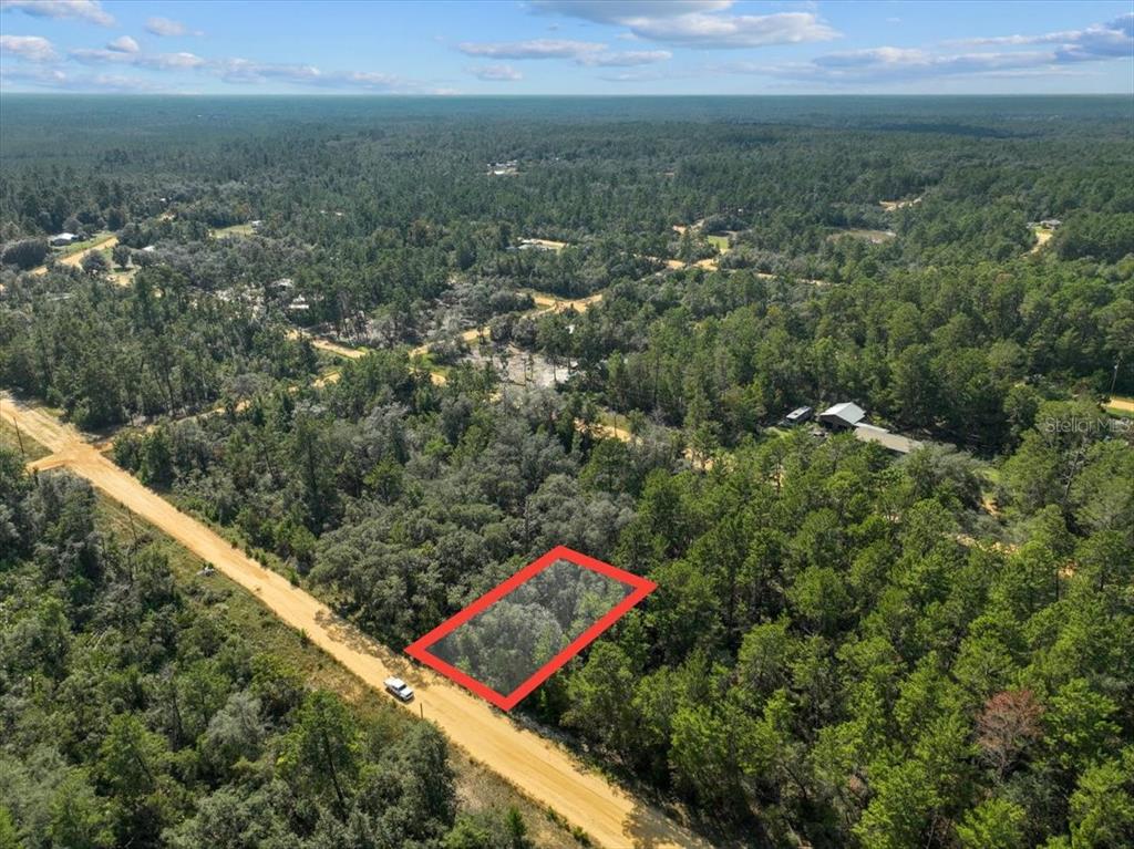 An aerial view shows a rectangular plot of land outlined in red beside a dirt road — 211 SELMA AVENUE, INTERLACHEN, FL