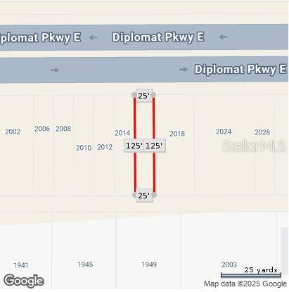 This is a map showing the dimensions and location of a rectangular land parcel — 2016 DIPLOMAT PARKWAY E, CAPE CORAL, FL
