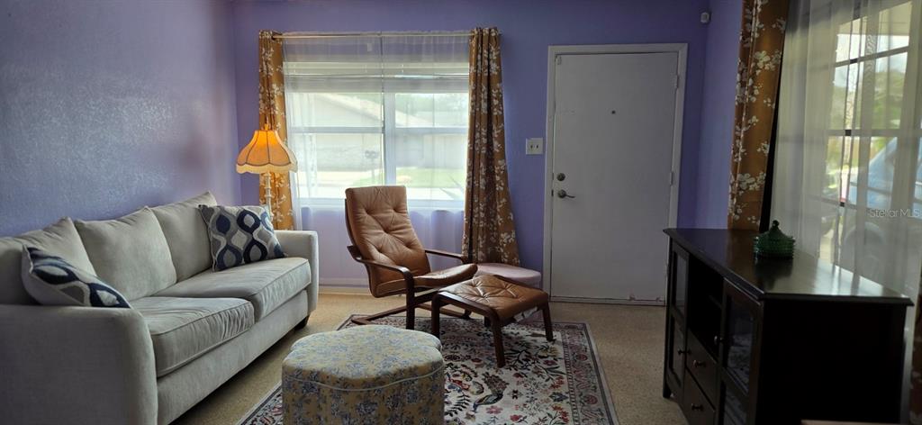 A living room features a light-colored sofa, a leather armchair with ottoman, and patterned curtains — 5904 ELM STREET, NEW PORT RICHEY, FL