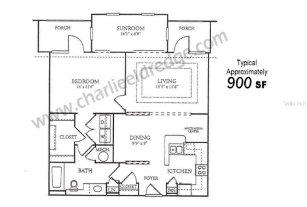 This floor plan shows a one-bedroom apartment layout with a kitchen, dining area, and sunroom — 280 CELEBRATION UNIT 209, CELEBRATION, FL