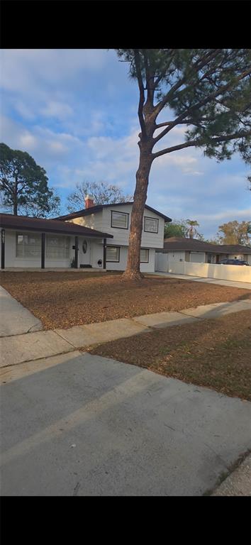 A two-story house with white siding and a large pine tree in the front yard — 7907 W HIAWATHA STREET, TAMPA, FL