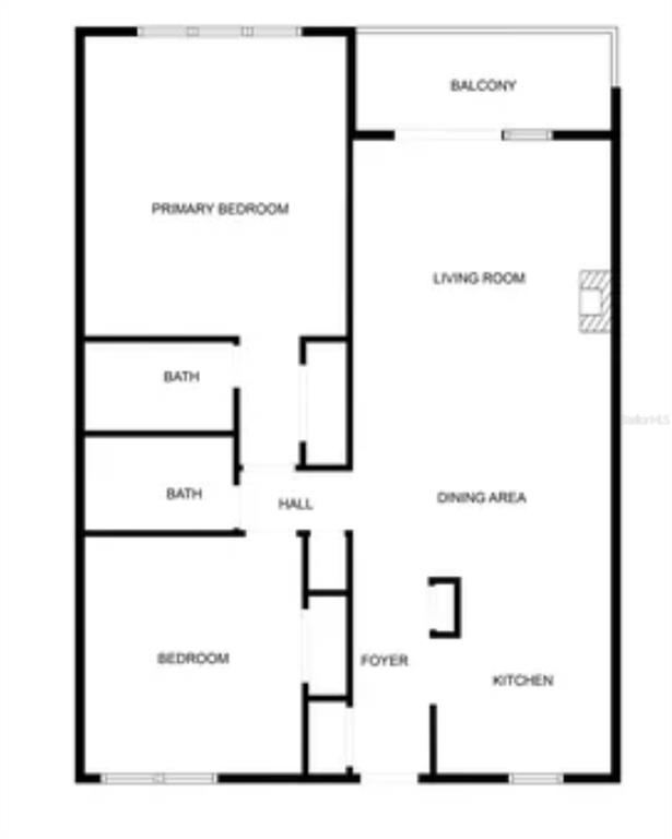 This is a floor plan of a two-bedroom apartment with a balcony and two bathrooms — 2100 OCEAN SHORE BOULEVARD UNIT 2070, ORMOND BEACH, FL