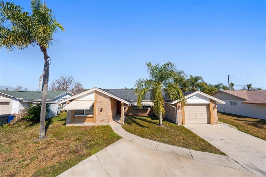 A single-story brick house with a garage, a concrete driveway, and two palm trees — 4025 SAIL DRIVE, NEW PORT RICHEY, FL