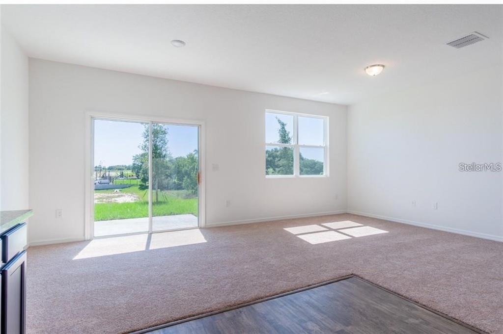 A living area features beige carpeting, a sliding glass door, and a window overlooking grass — 342 MADISON DRIVE, DAVENPORT, FL