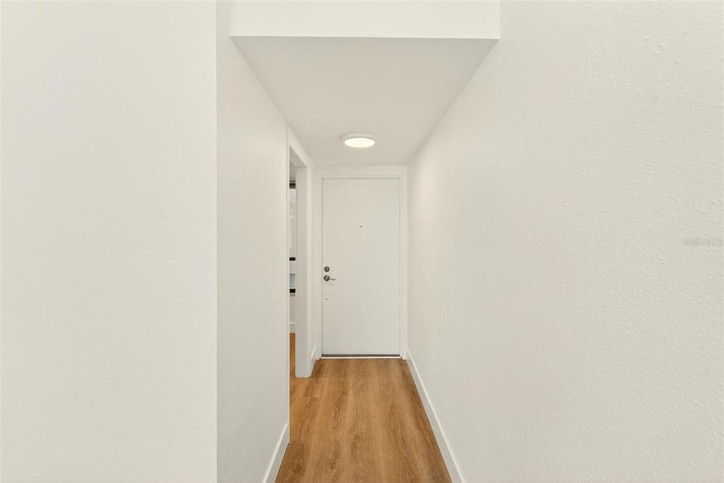 A narrow hallway features white walls, light wood-look flooring, and a single white door — 16308 GULF BOULEVARD UNIT 103, REDINGTON BEACH, FL