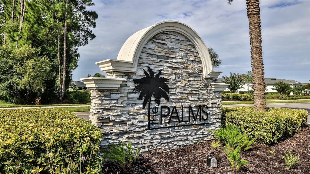 A stone monument sign for The Palms stands in a landscaped residential neighborhood — 349 CARYOTA COURT, NEW SMYRNA BEACH, FL