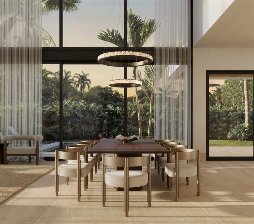 This rendering shows a modern dining room with a long table, chandelier, and floor-to-ceiling windows — 45 SERENO, GUAYNABO, PR
