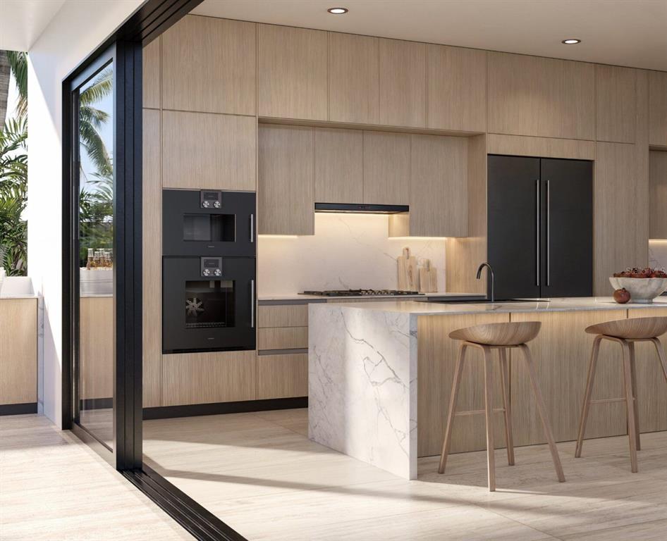 This rendering shows a modern kitchen with light wood cabinetry, marble countertops, and black appliances — 45 SERENO, GUAYNABO, PR
