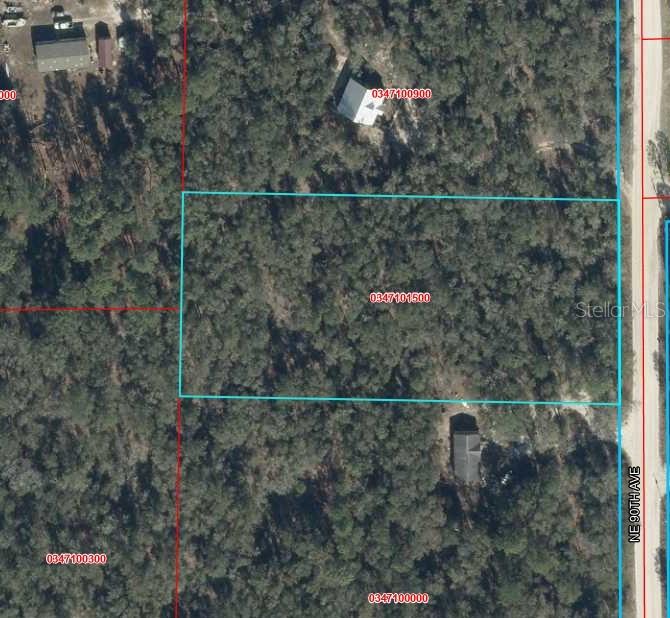 This is an aerial map view of a wooded residential lot outlined in blue — 0 NE 90TH AVENUE LOT 14-A, BRONSON, FL
