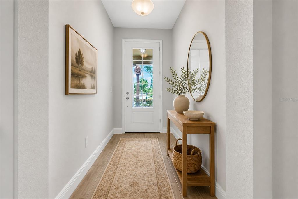 The exterior view shows two front entry doors with concrete walkways and stone veneer accents — 11728 CAMBIUM CROWN DRIVE, RIVERVIEW, FL