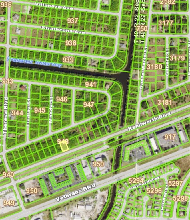 This is an aerial map showing residential lots and streets in a suburban neighborhood — 19908 KENILWORTH BOULEVARD, PORT CHARLOTTE, FL