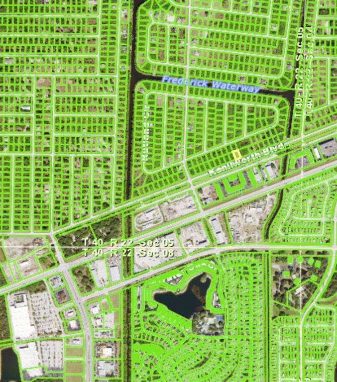 This is a satellite map view showing residential lots, streets, and a waterway — 19908 KENILWORTH BOULEVARD, PORT CHARLOTTE, FL